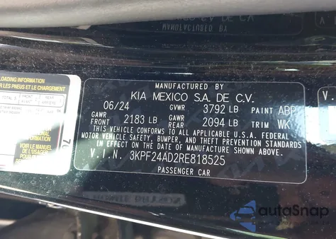 2024 Kia Forte Lxs from USA, damaged, VIN 3KPF24AD2RE818525